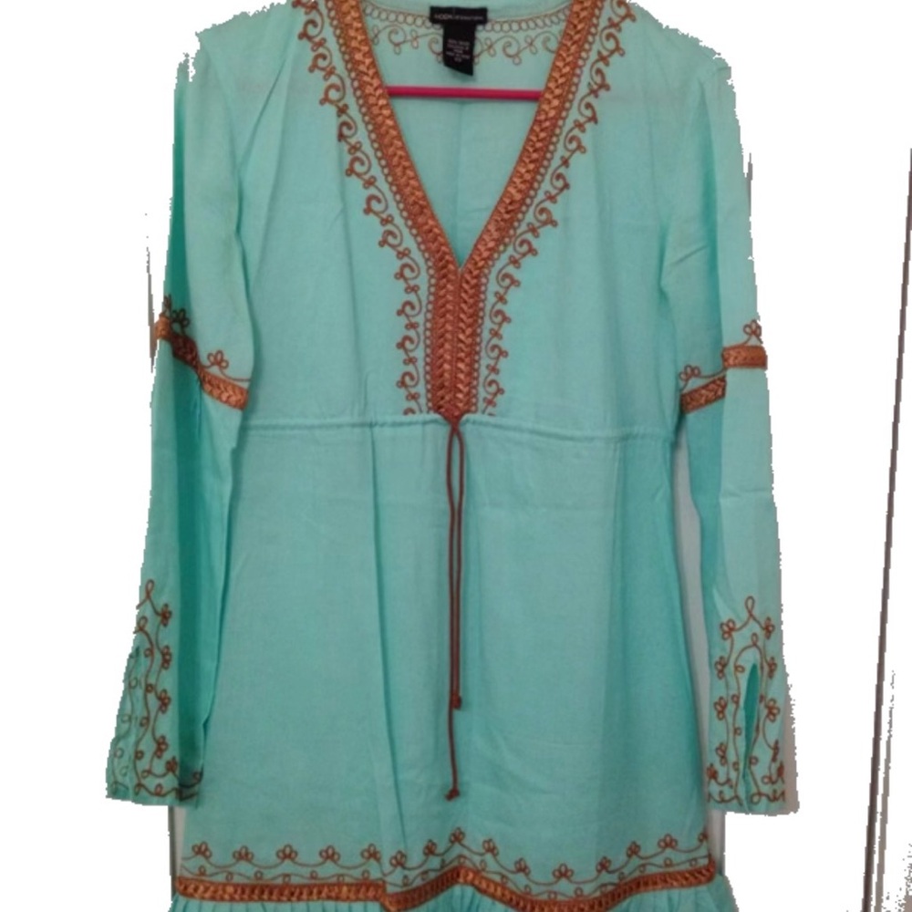 Moda International Embroidered Boho Tunic Dress XS Aqua Blue Copper Trim